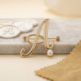 Gold Cursive A Initial Letter Pearl Brooch Pin