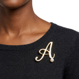 Gold Cursive A Initial Letter Pearl Brooch Pin