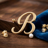 Gold Cursive B Initial Letter Pearl Brooch Pin