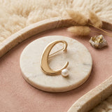 Gold Cursive C Initial Letter Pearl Brooch Pin