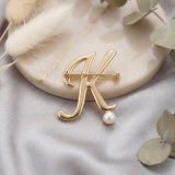 Gold Cursive K Initial Letter Pearl Brooch Pin