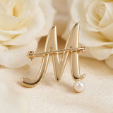 Gold Cursive M Initial Letter Pearl Brooch Pin