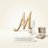 Gold Cursive M Initial Letter Pearl Brooch Pin