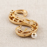 Gold Cursive S Initial Letter Pearl Brooch Pin