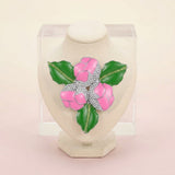 AKA Pink 3 Blossom Green Leaf Brooch Pin