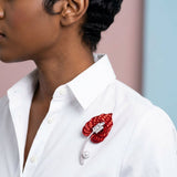 DST Crimson Red Lily Pearl & Rhinestone Brooch Pin