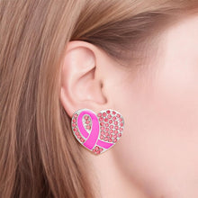 Cargar imagen en el visor de la galería, Studs Silver Heart Pink Cancer Ribbon Earrings
