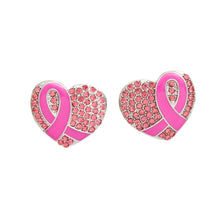 Cargar imagen en el visor de la galería, Studs Silver Heart Pink Cancer Ribbon Earrings
