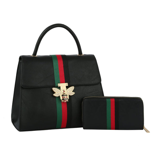 Satchel Soft Black Bee and Stripe Handbag Set