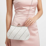 White Pearl Rhinestone Hand Sewn Evening Clutch