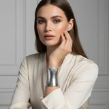 Long Cuff Silver Metal Stripe Embossed Bracelet