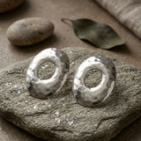 Stud Brushed Silver Hammered Domed Oval Earrings