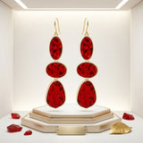 3 Tier Drop Red Mosaic Gold Geometric Earrings