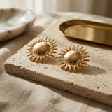 Stud Brushed Gold Domed Sun and Rays Earrings