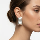 Stud Matte Silver Bent Rectangle Domed Earrings