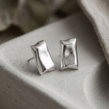Stud Matte Silver Bent Rectangle Domed Earrings
