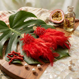 Red Beaded Cluster Long Feather Drop Earrings