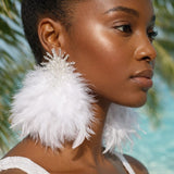 Clear Bead Cluster Long White Feather Drop Earrings