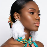 Clear Bead Cluster Long White Feather Drop Earrings