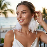 Clear Bead Cluster Long White Feather Drop Earrings