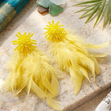 Yellow Beaded Cluster Long Feather Drop Earrings