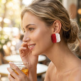 DST Red and White Square Pearl Stone Stud Earrings