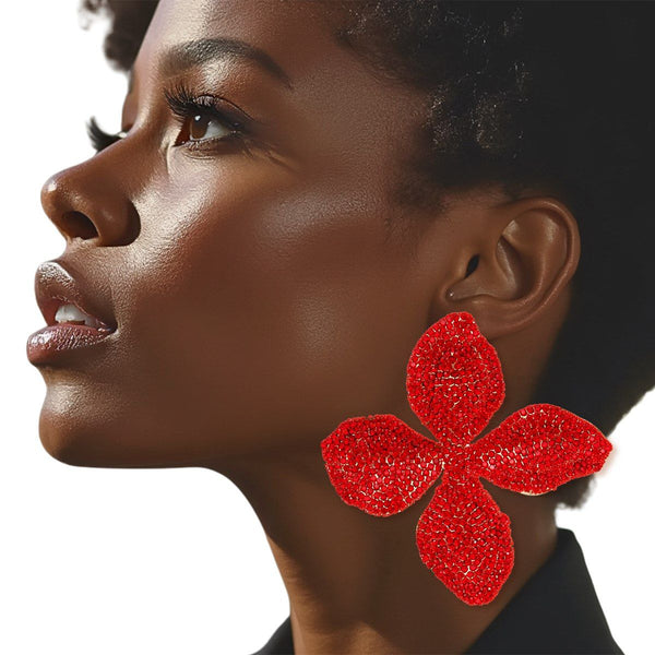 Stud Brilliant Red Dimensional Flower Earrings