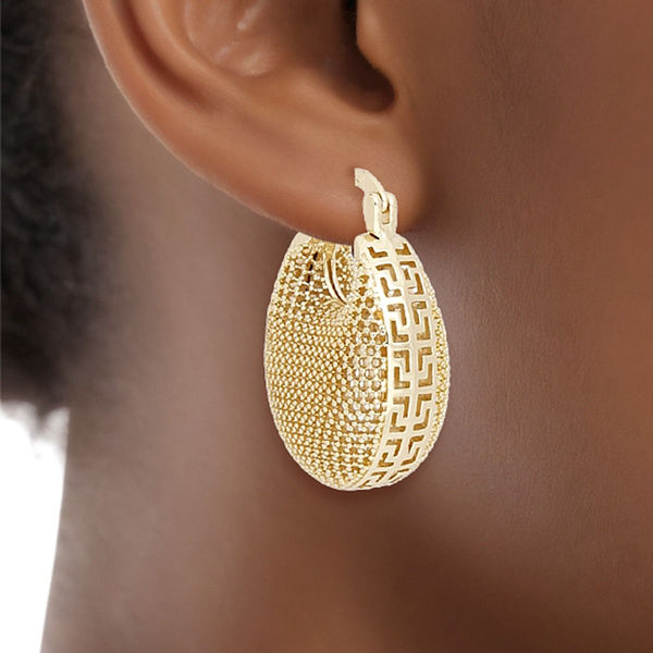 Hoop Gold Brass Lattice Greek Key Oval Earrings