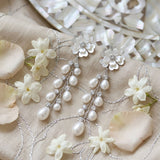 Dangle Silver Floral White Pearl Cascade Earrings