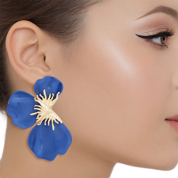 Studs Blue Tropical Bloom Triple Petal Earrings