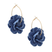 Load image into Gallery viewer, Hoop Denim Dimensional Flower Gold Earrings
