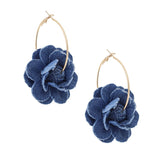 Hoop Denim Dimensional Flower Gold Earrings