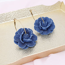 Load image into Gallery viewer, Hoop Denim Dimensional Flower Gold Earrings
