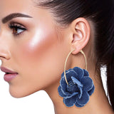 Hoop Denim Dimensional Flower Gold Earrings