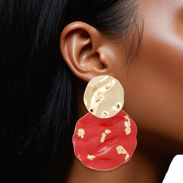Drop Wavy Gold Red Painted Disc Design Earrings