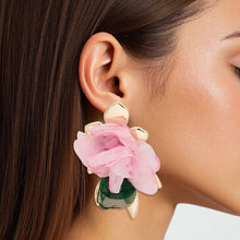 Load image into Gallery viewer, AKA Stud Gold Pink Green Fabric Flower Earrings
