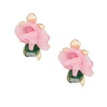 Load image into Gallery viewer, AKA Stud Gold Pink Green Fabric Flower Earrings
