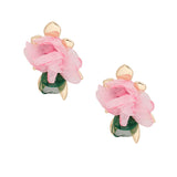 AKA Stud Gold Pink Green Fabric Flower Earrings