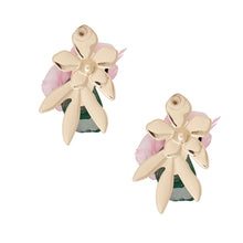 Load image into Gallery viewer, AKA Stud Gold Pink Green Fabric Flower Earrings
