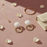 Drop White Rose Felt Petal Ribbed Ring Earrings