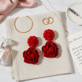 Drop Red Double Rose Flower Felt Petal Earrings