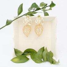 Load image into Gallery viewer, Drop Architectural Gold 3D Caged Leaf Earrings
