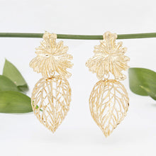 Load image into Gallery viewer, Drop Architectural Gold 3D Caged Leaf Earrings
