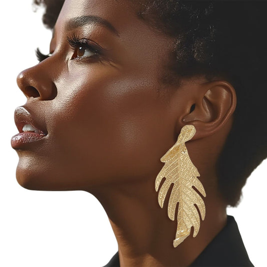 Stud Elongated Gold Twisted Leaf Organic Earrings