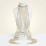 Long Gold Fringe Choker Necklace with Rhinestones