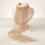 Long Gold Fringe Choker Necklace with Rhinestones