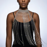 Long Silver Fringe Choker Necklace with Rhinestones