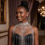 Long Silver Fringe Choker Necklace with Rhinestones