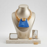 Large Blue Resin Pendant Gold Mesh Collar Necklace
