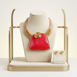 Large Red Resin Pendant Gold Mesh Collar Necklace